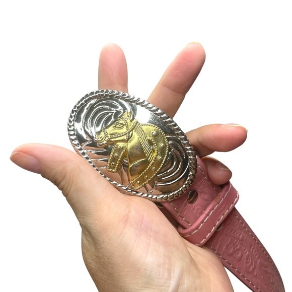 Pink Leather Belt-Youth Girls-Tooled Stamped-Western Belt - Picture 2 of 11